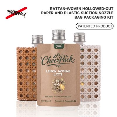 Quality  Reusable Rattan Woven Spout Pouch with Aluminum Cap | CheerPack Patented 100ml rattan-woven hollow-out spout pouch with reusable Sleeve and aluminum screw cap. Eco cosmetic packaging, OEM/ODM welcome. factory